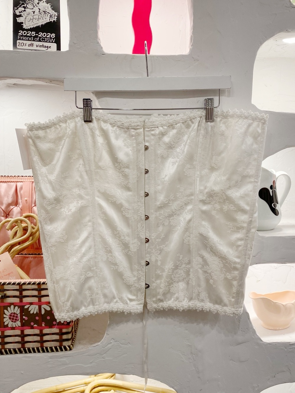 White Satin Floral Pattern Corset with Hooks in Front and Lace Up Back